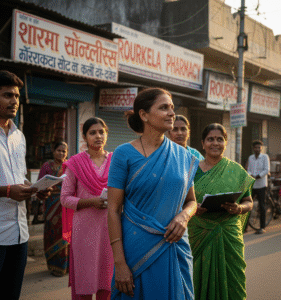 Indian woman and her team distribute blankets and food to homeless people on a street in Rourkela at sunset.